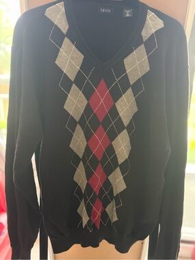 Izod Men's Black V-Neck Sweater with Red & Gray Argyle